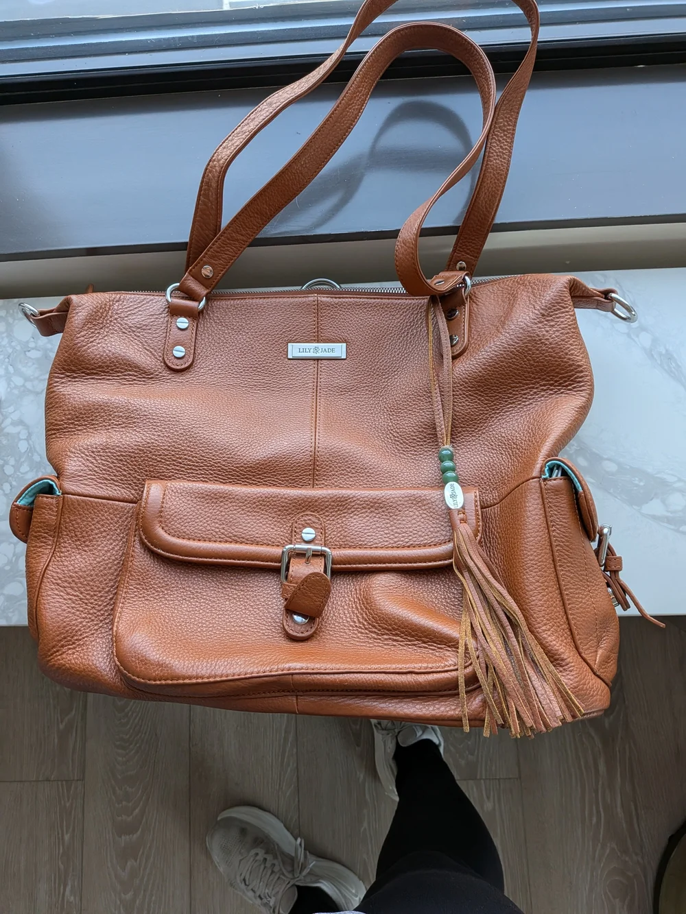 Lily Jade Cognac Bown Authentic Leather Diaper Bag - With Signature Jade Tassel